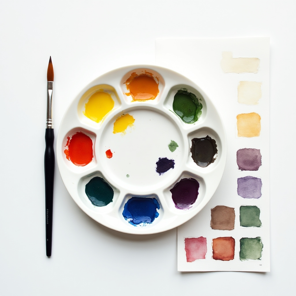 Watercolor palette with color mixing demonstrations showing warm and cool blends